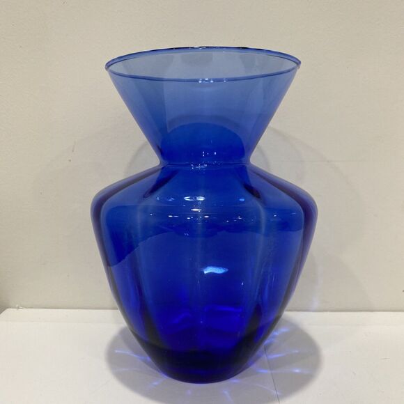 Cobalt blue art glass vase optic angular wide rim cottage farmhouse decorative - Picture 2 of 9